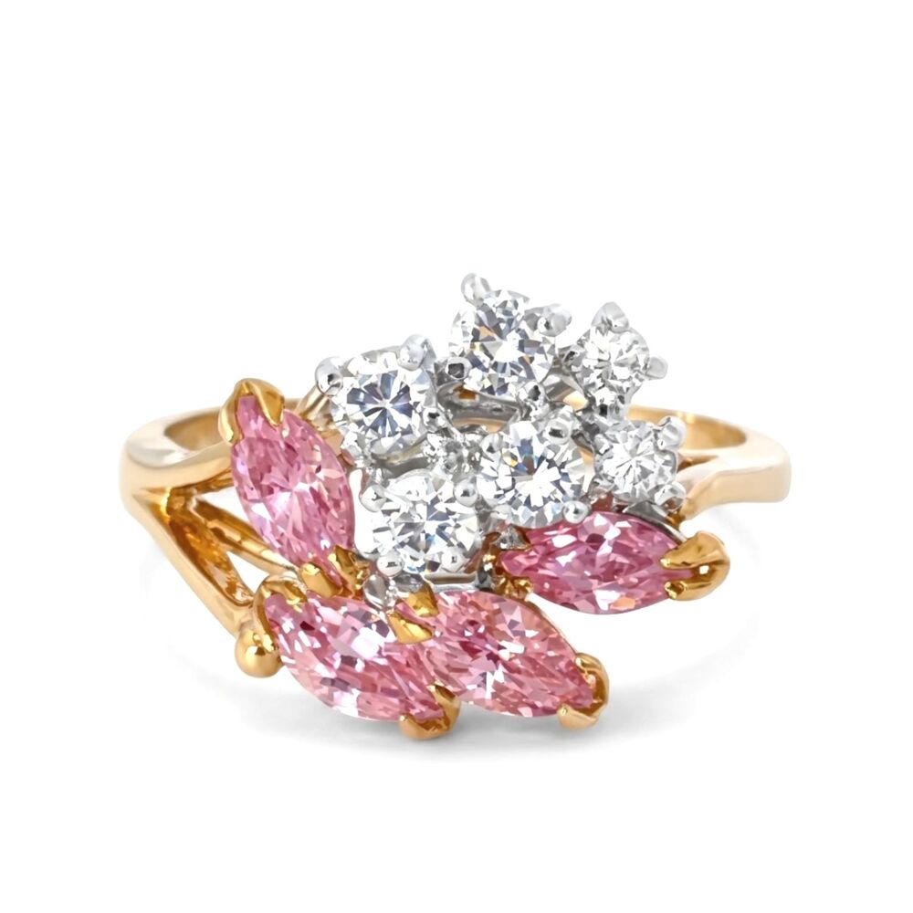 Vintage 1970s Ring Size 6 Pink CZ Marquise Cluster Spray Gold Plated - 14L